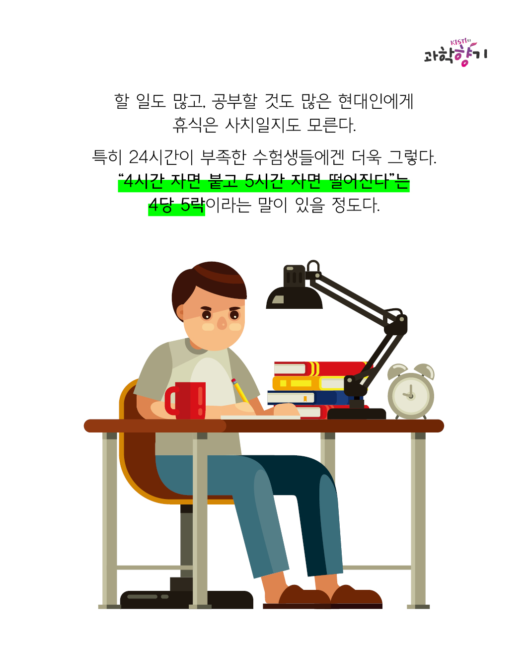 할 일도 많고, 공부할 것도 많은 현대인에게 휴식은 사치일지도 모른다.   특히 24시간이 부족한 수험생들에겐 더욱 그렇다. “4시간 자면 붙고 5시간 자면 떨어진다”는 4당 5락이라는 말이 있을 정도다.