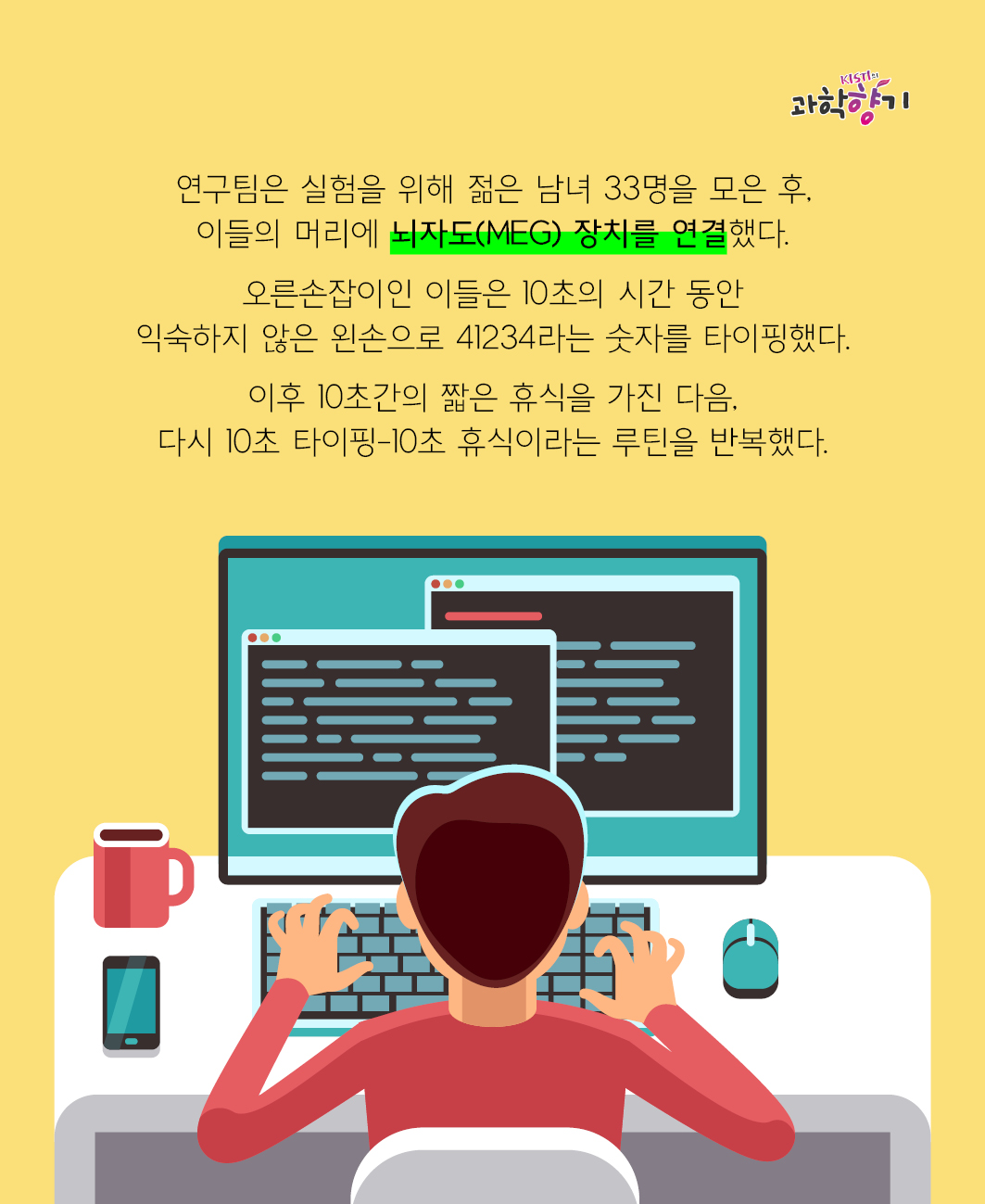 연구팀은 실험을 위해 젊은 남녀 33명을 모은 후, 이들의 머리에 뇌자도(MEG) 장치를 연결했다.   오른손잡이인 이들은 10초의 시간 동안 익숙하지 않은 왼손으로 41234라는 숫자를 타이핑했다.   이후 10초간의 짧은 휴식을 가진 다음, 다시 10초 타이핑-10초 휴식이라는 루틴을 반복했다.